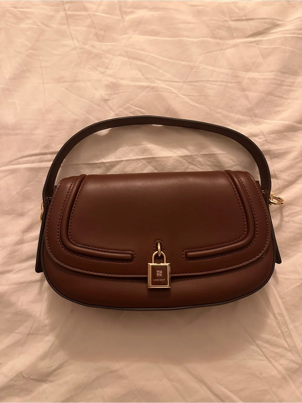 Nine West Brown Leather Top-Handle Clutch with Gold Lock